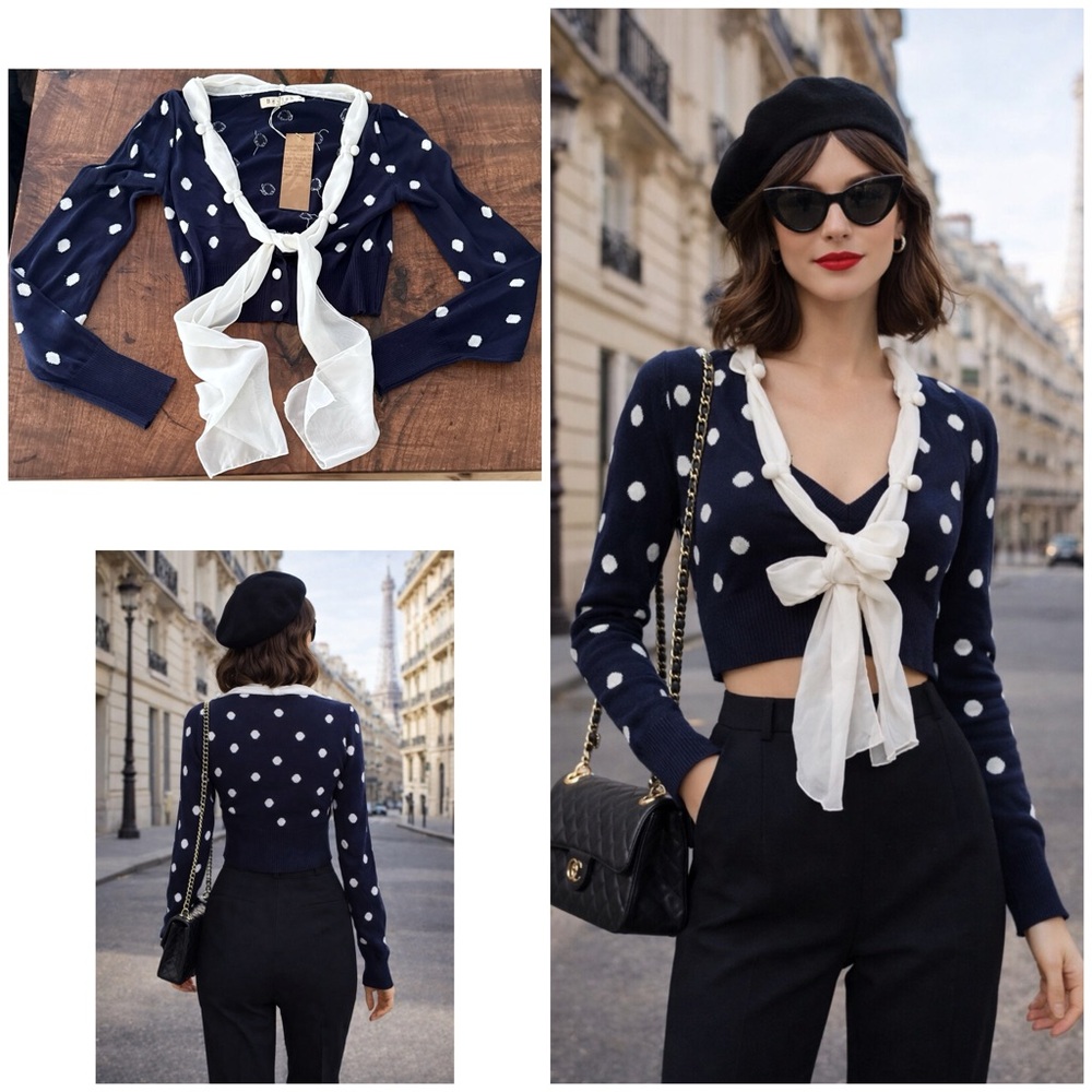 NWT Beulah Bow Tied Navy White Polka Dot Cropped Cardigan Sweater S